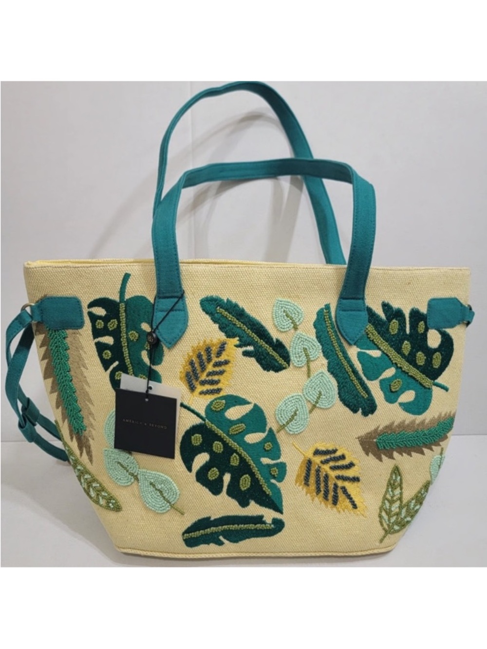 NWT America and Beyond Jungle Forestry Hand Beaded Tote - Yellow and Green